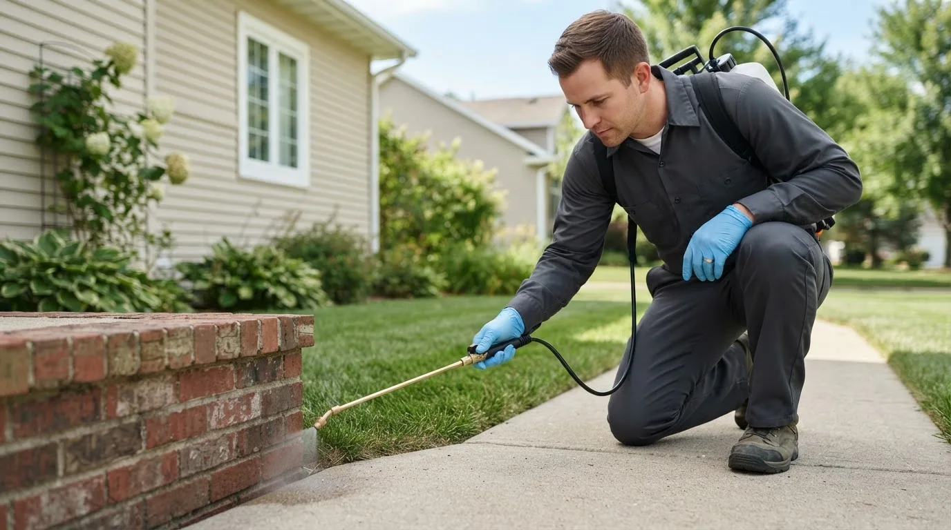 Pest control technician treating a home near Promise City, IA