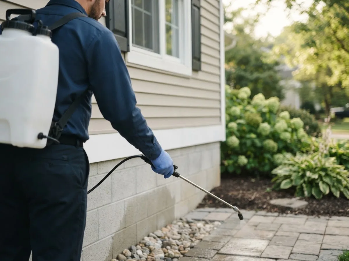 Pest control technician inspecting a home in Promise City, IA